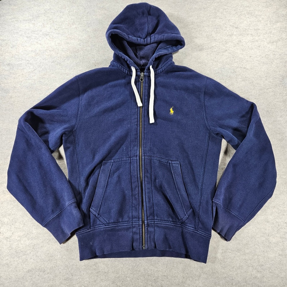 Polo Ralph Lauren Hoodie Mens Small Navy Full Zip Yellow Pony Waffle Lined